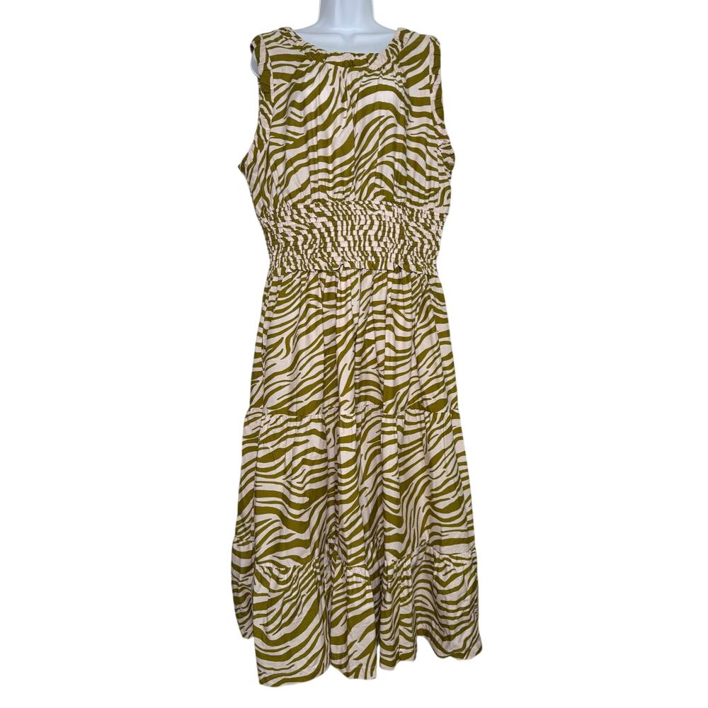 Anthropologie Green White Zebra Print Dress Sleeveless Poplin Midi Sze XL Cotton